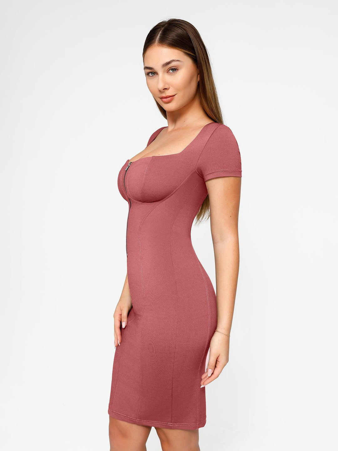Shapewear Denim Square Neck Midi Dress | Tummy Control - Popilush Shapewear Denim Square Neck Midi Dress | Tummy Control - Popilush
