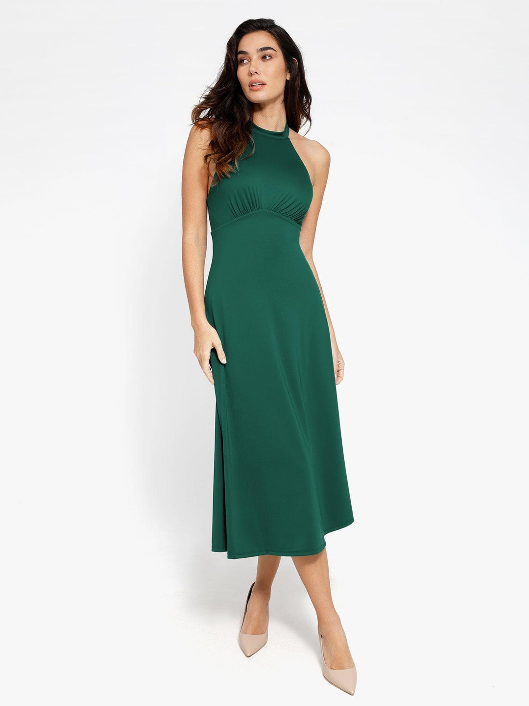 Backless Halter A-Line Midi Dress | Built-In Shapewear - Popilush Backless Halter A-Line Midi Dress | Built-In Shapewear - Popilush