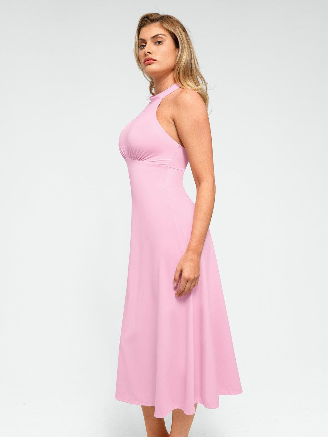 Backless Halter A-Line Midi Dress | Built-In Shapewear - Popilush Backless Halter A-Line Midi Dress | Built-In Shapewear - Popilush