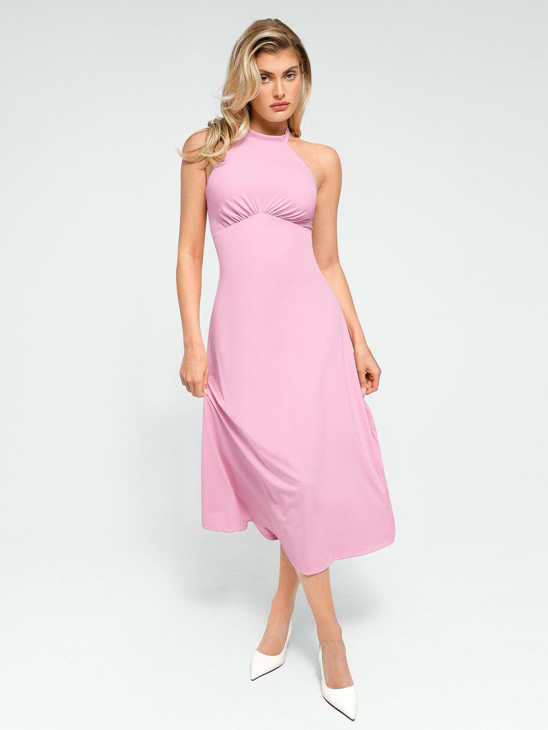 Backless Halter A-Line Midi Dress | Built-In Shapewear - Popilush Backless Halter A-Line Midi Dress | Built-In Shapewear - Popilush