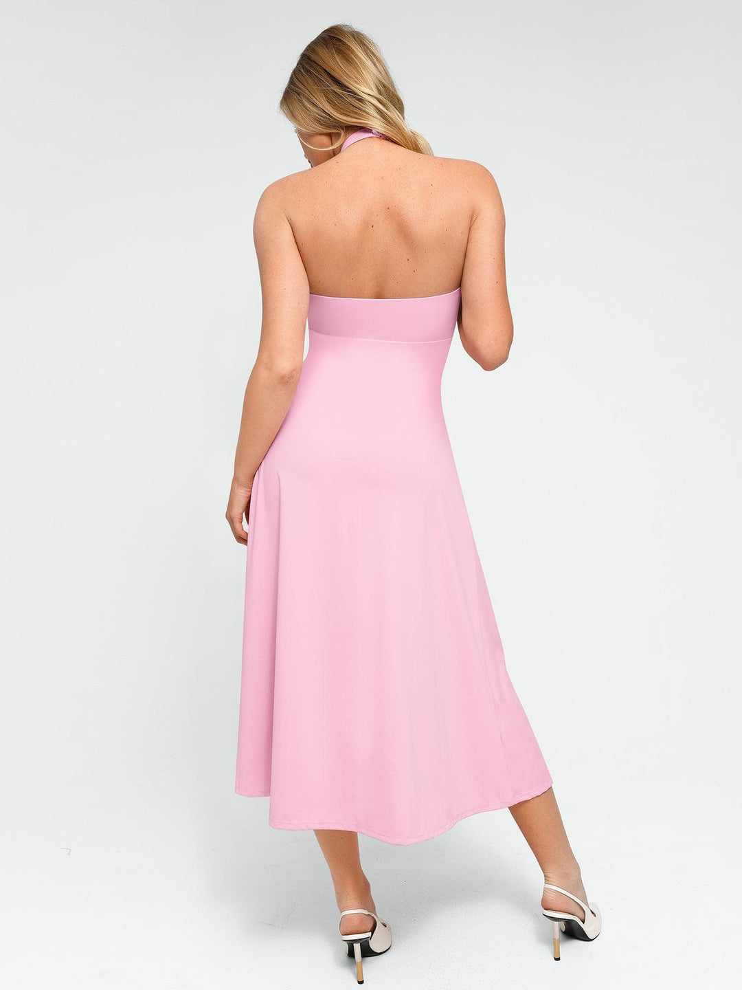 Backless Halter A-Line Midi Dress | Built-In Shapewear - Popilush Backless Halter A-Line Midi Dress | Built-In Shapewear - Popilush