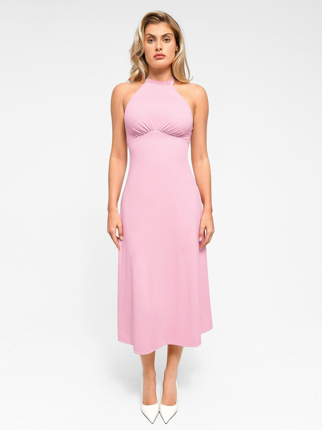Backless Halter A-Line Midi Dress | Built-In Shapewear - Popilush Backless Halter A-Line Midi Dress | Built-In Shapewear - Popilush