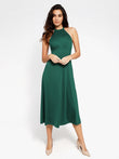 Dark green halter A-line midi dress with tummy-flattening built-in shapewear.