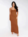 Brown shapewear mermaid maxi dress with lace inset waist and ruched bust.