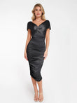 Sophisticated black midi dress by Popilush®, featuring an off-shoulder design and ruched detailing