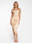 Shapewear Off-Shoulder Ruched Shine Sculpting Midi Dress in Champagne