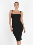 Popilush® black midi dress, showing its built-in shapewear design for women.