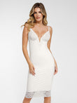 Elegant silhouette in a Popilush® white lace trim shapewear midi dress