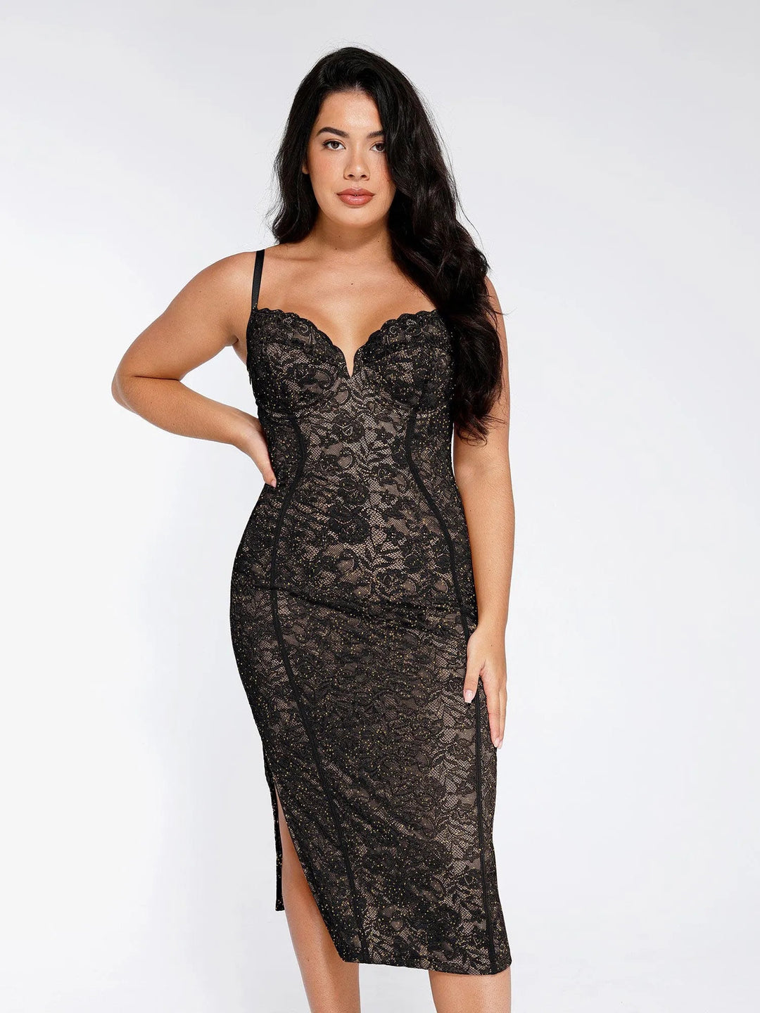 Shapewear All-Lace Hourglass Corset Side Slit Midi Dress – Popilush