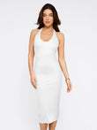 White halter neck midi bodycon dress with built-in shapewear for sculpting.