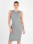 Popilush grey ribbed modal midi shapewear dress with crew neck and seamless tummy control.