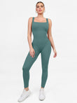Popilush teal seamless square neck shapewear jumpsuit, ribbed texture, one-piece sport activewear.