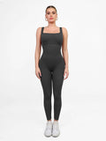 Grey seamless square neck shapewear jumpsuit with butt lift feature.