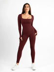 Seamless ribbed burgundy long sleeve jumpsuit with square neckline and thumb holes