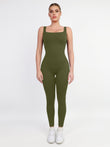 Olive green square neck shapewear workout jumpsuit, thigh slimming fit.