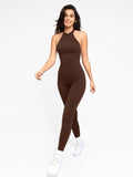 Woman in Popilush® one-piece shapewear jumpsuit, thigh slimming design