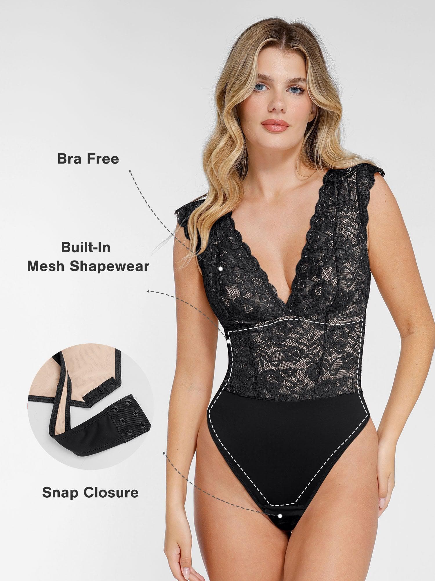 V-Neck Lace Shapewear Bodysuit | Tummy Control & Bust Lift - Popilush