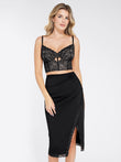 Popilush®'s black lace corset bra with midi skirt; stylish look.