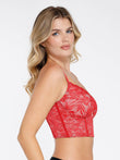 Red longline underwire lace bralette with intricate floral pattern, offering shaping support.