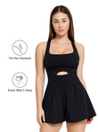 Black Workout Romper from Popilush®, pet hair resistant design, features built-in shapewear.