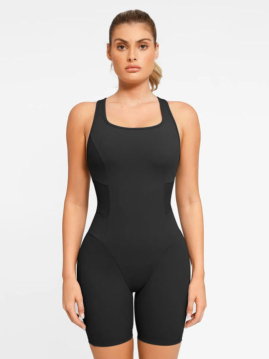 Popilush® black shapewear romper, designed for comfort and shaping, perfect for workouts.