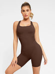 Brown slimming racerback shapewear romper with side sculpting details