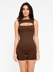Brown seamless cut-out romper shapewear with tummy control.