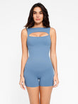 Powder blue shapewear romper, seamless with cut-out chest & tummy control.