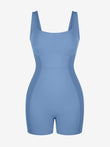 Athletic powder blue square neck shapewear romper with fitted design and side shaping panels.