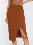 Slimming brown shapewear midi wrap skirt with lace trim and side slit.