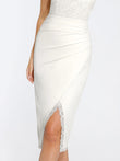 White slimming shapewear midi wrap skirt with lace trim and ruched waist.
