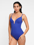Popilush® blue V-neck shapewear swimsuit, stylish design, body sculpting support.