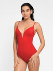 Popilush® red V-neck swimsuit, a stylish shapewear option for the beach.