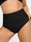 Popilush® high-waist black bikini bottom with ruched tummy control