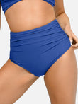 Bright blue ruched high-waist bikini bottom with tummy control shaping.