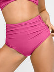 Pink high-waisted ruched bikini bottom by Popilush® for tummy control