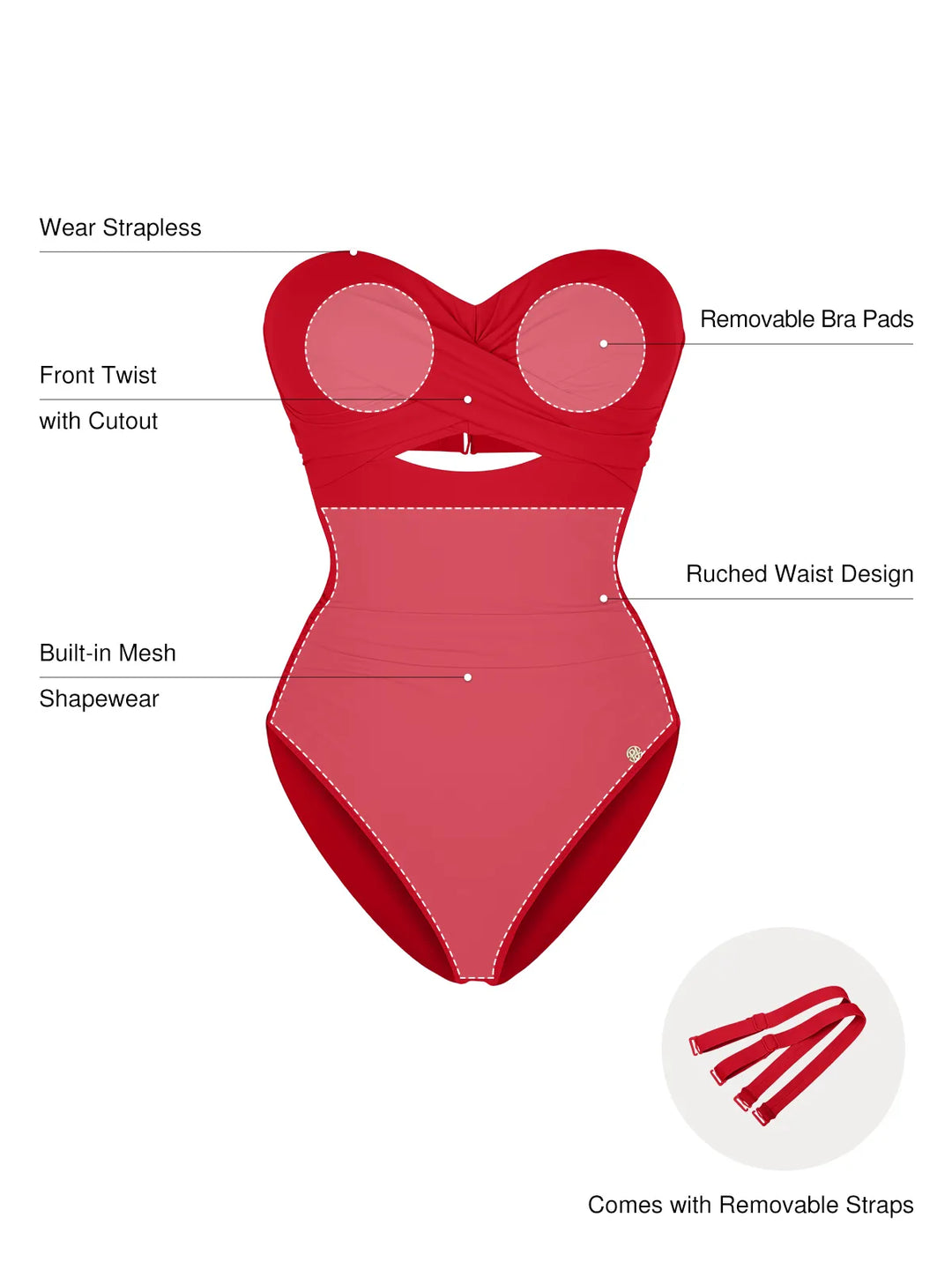 Popilush® Twist & Shirred Sculpting One-Piece with Removable Straps