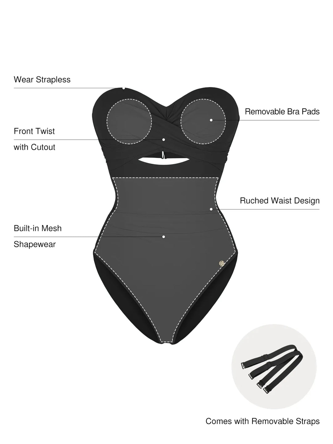 Popilush® Twist & Shirred Sculpting One-Piece with Removable Straps