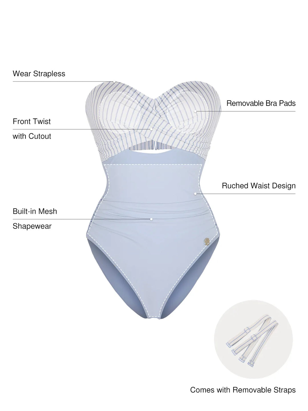 Popilush® Twist & Shirred Sculpting One-Piece with Removable Straps