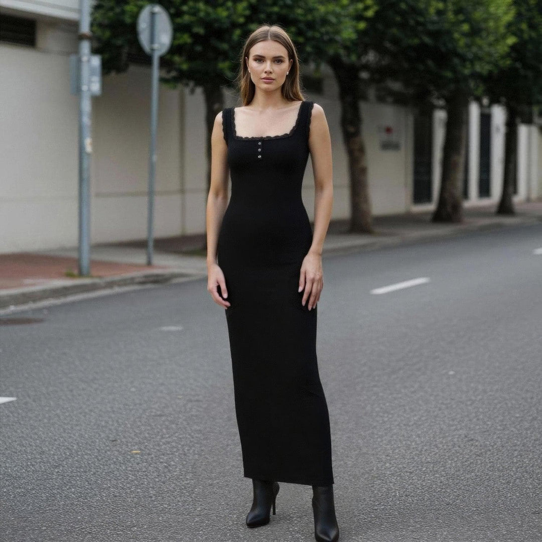 Popilush U.S. Everyday Casual Loungewear Black / XS Contouring Shapewear Square Neck Modal Henley Maxi Dress