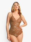 Brown lace thong bodysuit with firm control and smoothing effect