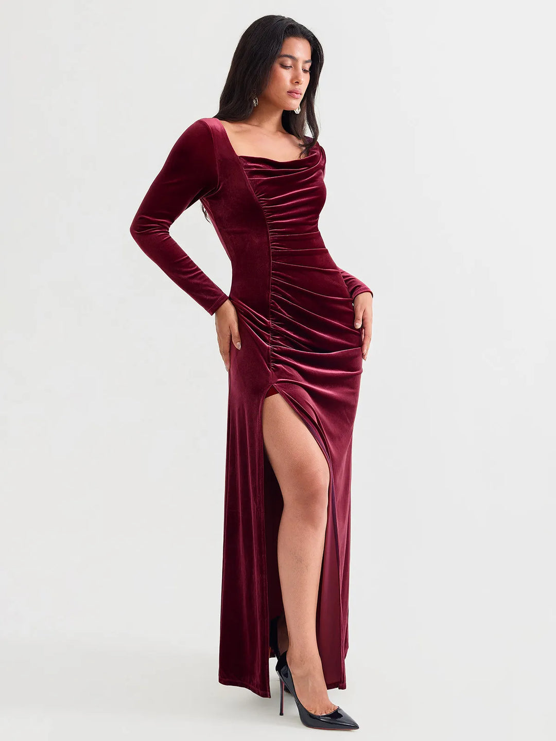 Popilush® Velvet Draped Sculpting Maxi Dress