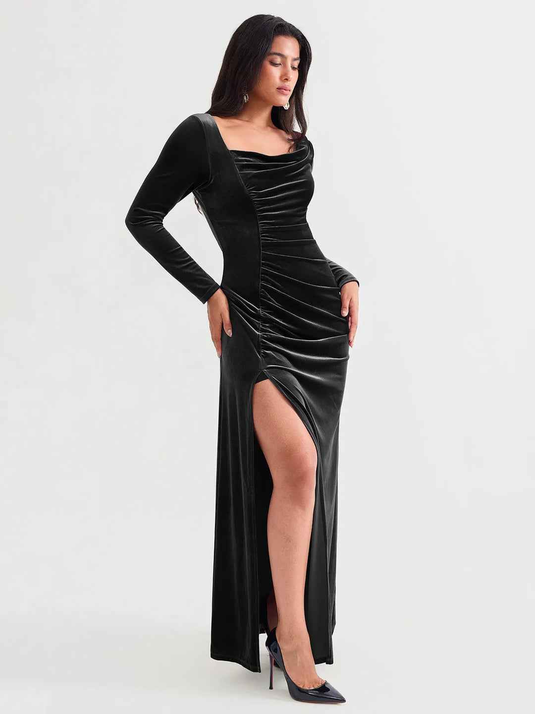 Popilush® Velvet Draped Sculpting Maxi Dress