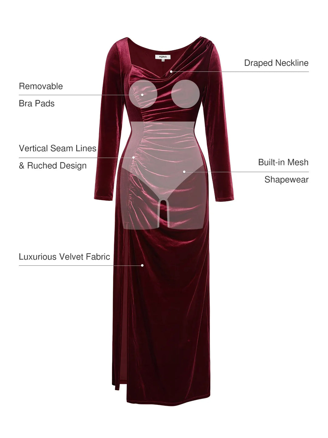 Popilush® Velvet Drapped Long Sleeve Sculpting Column Gown
