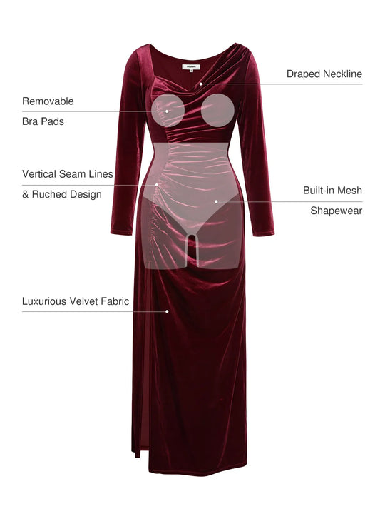 shapewear Velvet Draped Long Sleeve Sculpting Column Gown