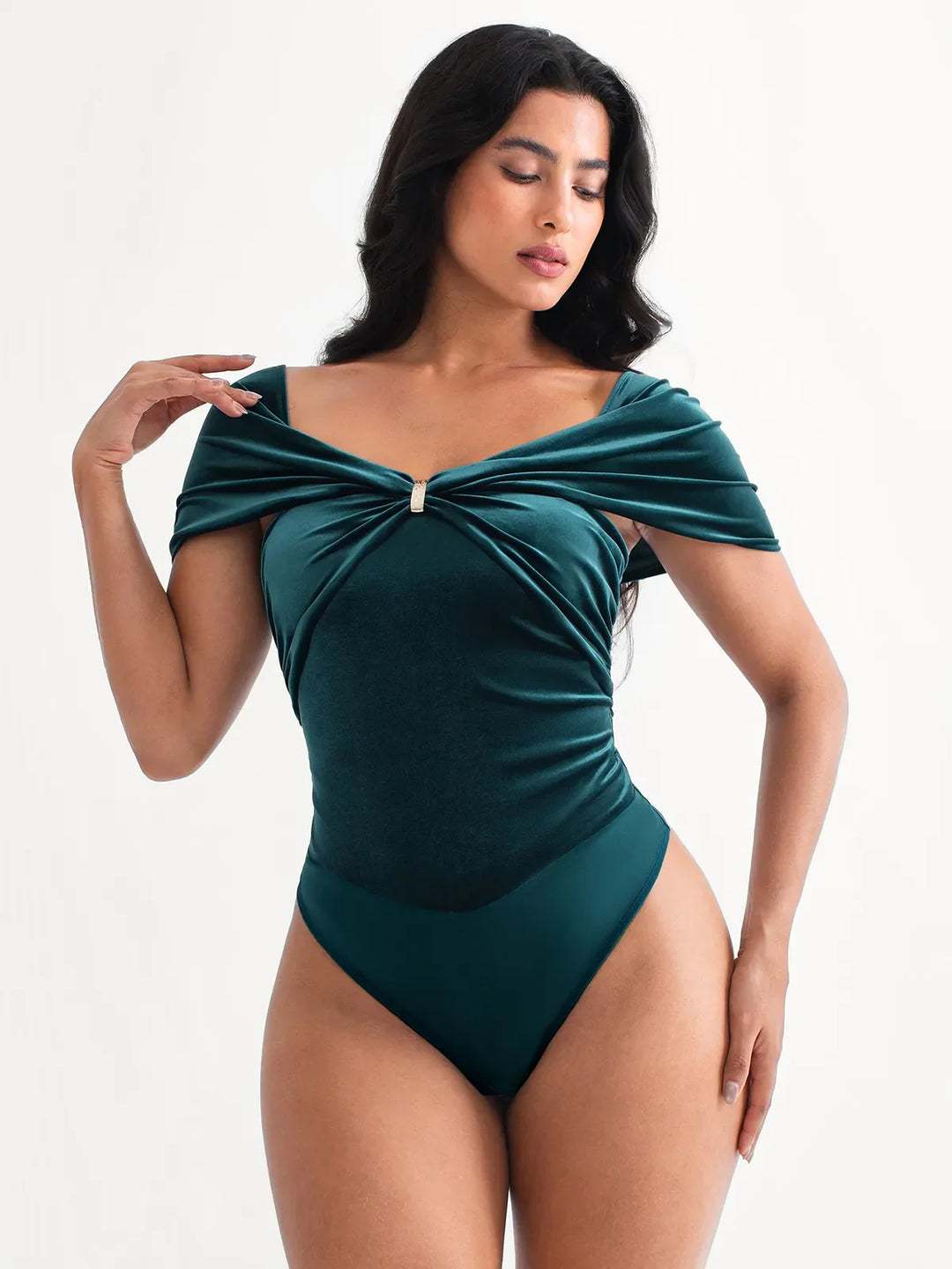 Popilush® Velvet Sleeveless Sculpting Drape Bodysuit