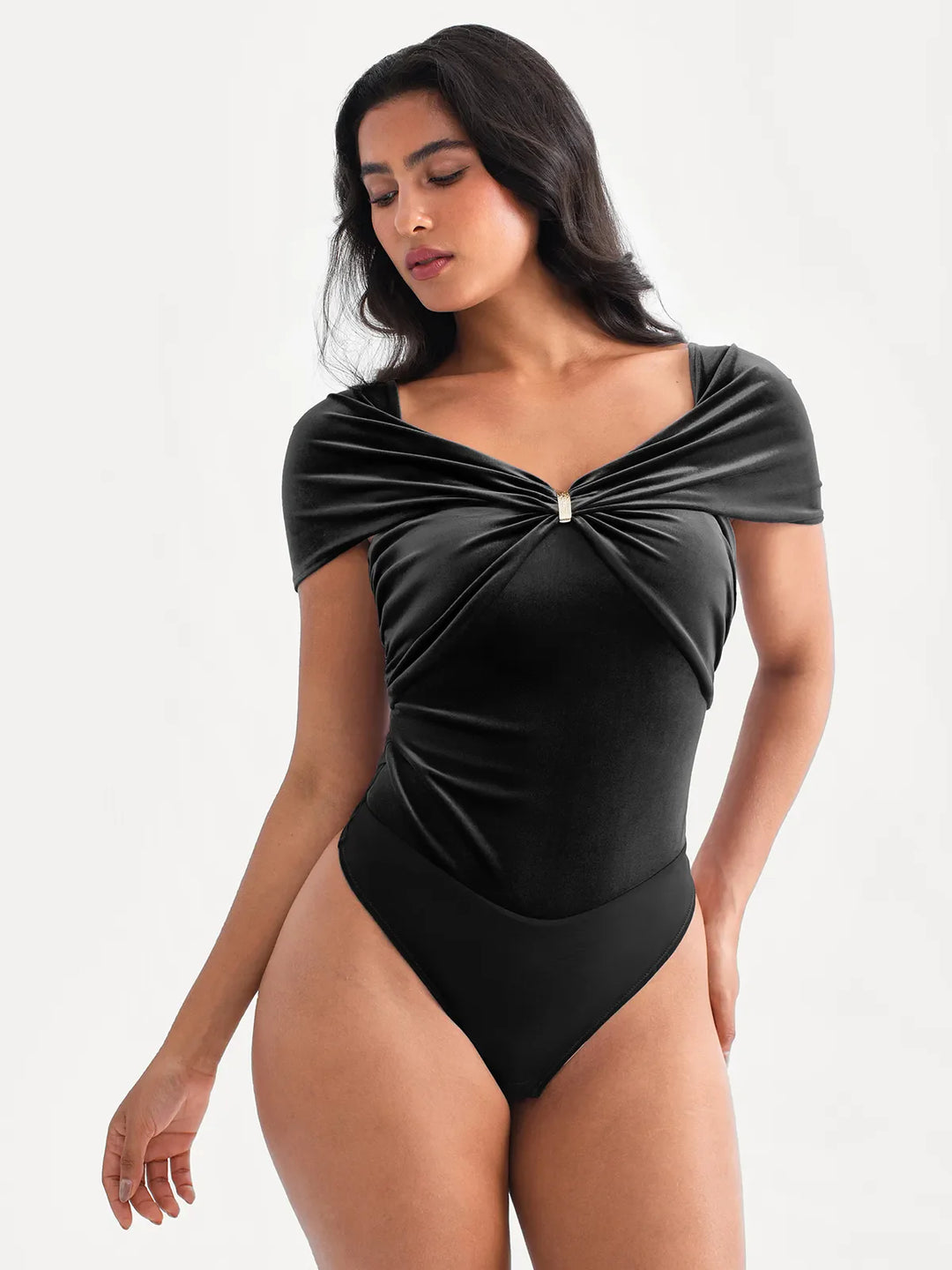 Popilush® Velvet Sleeveless Sculpting Drape Bodysuit