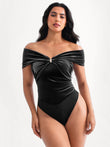 Velvet twist front off-the-shoulder sculpting bodysuit with sweetheart neckline and gold clasp.