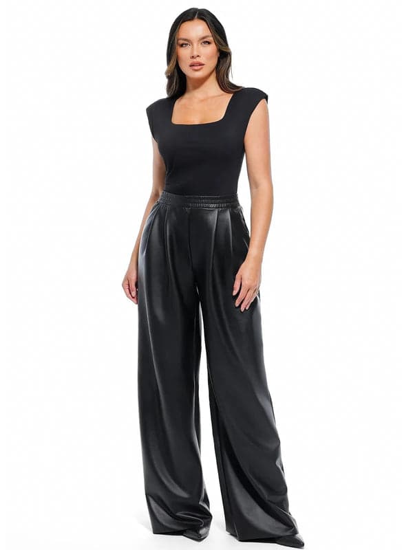 Popilush® Black (Faux Leather) / XS Velvet Wide-Leg Sculpting Trousers