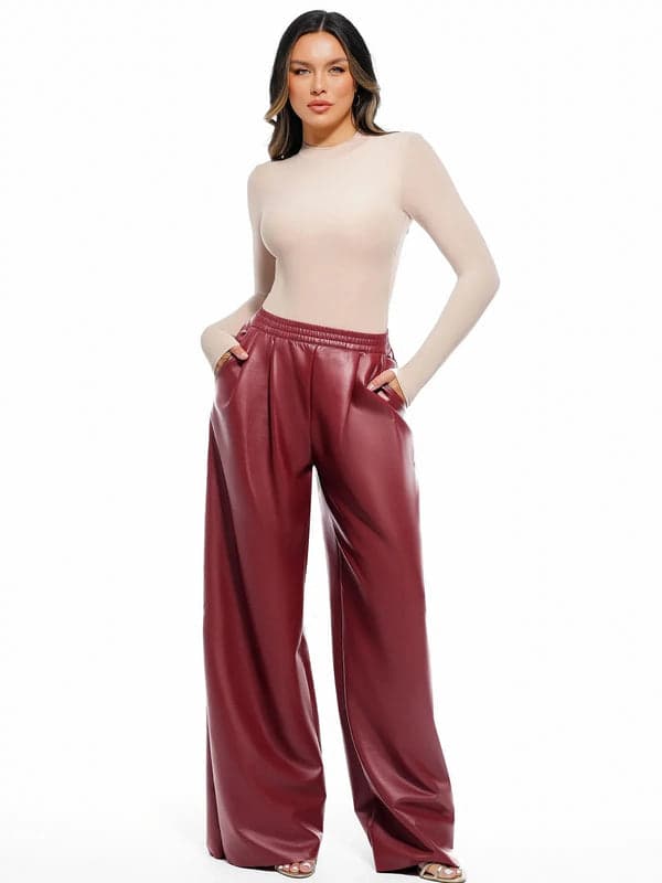 Popilush® Red (Faux Leather) / S Velvet Wide-Leg Sculpting Trousers